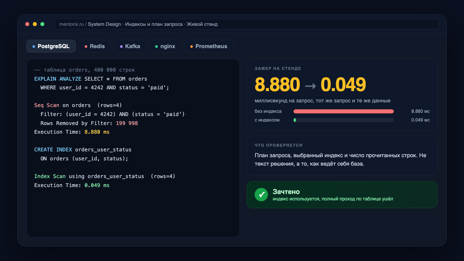 Живой стенд PostgreSQL: план запроса до и после индекса